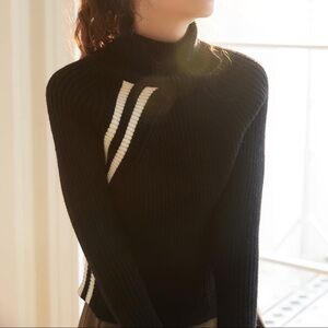 Knit Mix Stripe Pattern Turtleneck Raglan Sleeve Sweater